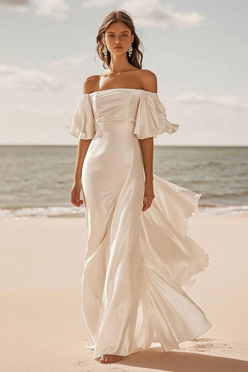 Ivory Satin Sweep Train Off the Shoulder Flutter Sleeves Boho Wedding Dress